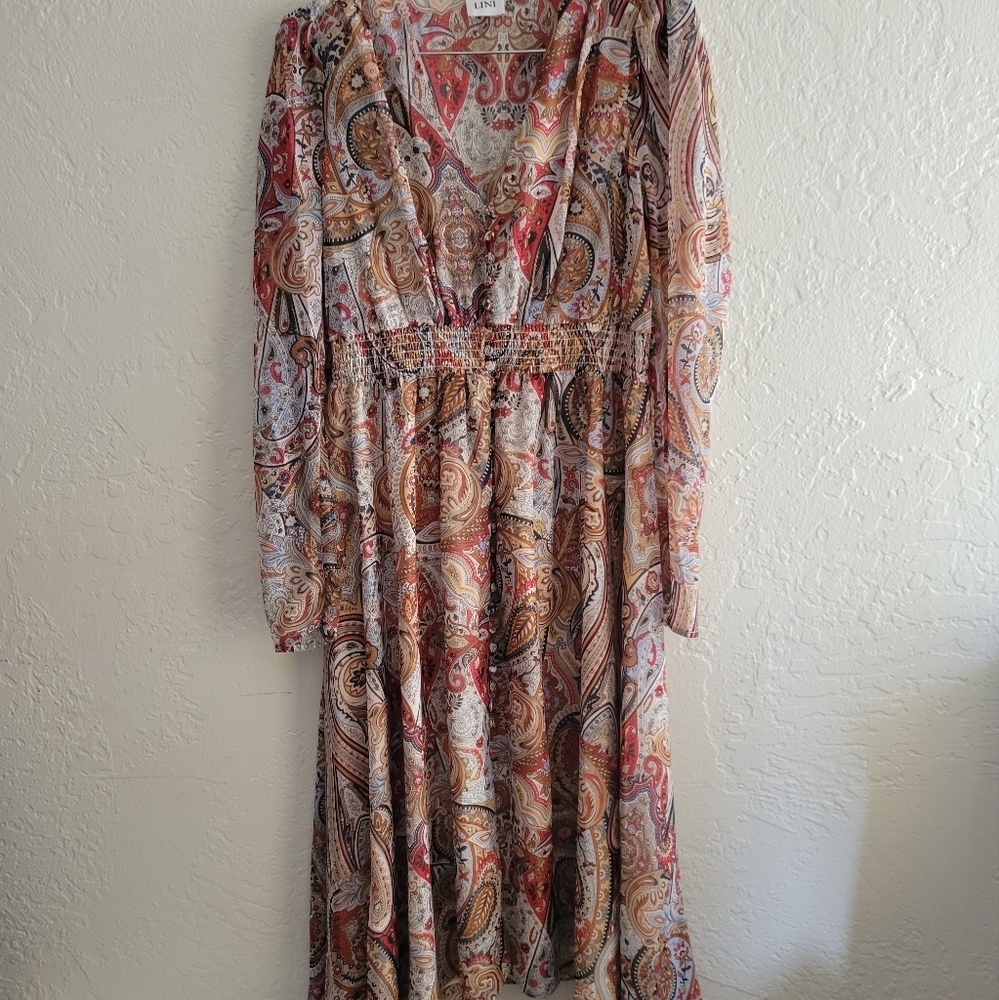 LINI Erica Midi Dress Paisely Smocked Large